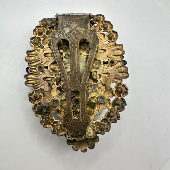 1920s antique Art Deco Czech blue clear glass rhinestones floral Dress clip - Picture 6 of 9